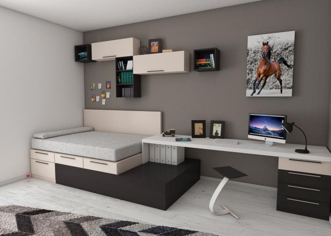 Bedroom with built-in workspace
